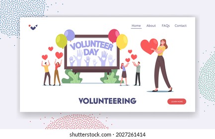 Volunteering Landing Page Template. Volunteers Male and Female Characters Celebrate International Volunteer Day, People with Hearts and Balloons Voluntary Charity Service. Cartoon Vector Illustration