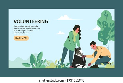 Volunteering landing page. Young people clean up garbage, take care and protect the environment. Flat vector illustration