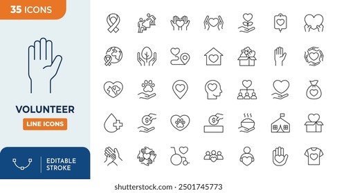 Conjunto de iconos editables de línea de voluntariado. Ilustración vectorial en estilo de línea delgada moderna de iconos relacionados con la caridad: donación, ayuda a animales sin hogar, cuidado de los ancianos y más