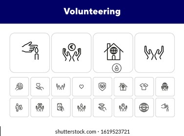 Volunteering Line Icon Set. Money, Planet Care, Blood Donor. Charity Concept. Can Be Used For Topics Like Donation Fund, Support, Solidarity