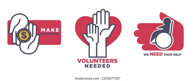 Volunteering and making donation, isolated icons or banners with hands helping and assisting people in need. Volunteers and charity, helpers and mentors giving finances. Vector in flat style