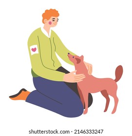 Volunteering male character helping homeless stray dog petting canine animal. Isolated man caring for pet, kindness and love. Charity organization of volunteers. Vector in flat style illustration