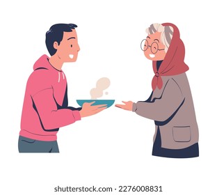 Volunteering with Man Volunteer Giving Senior Woman Hot Soup Vector Illustration