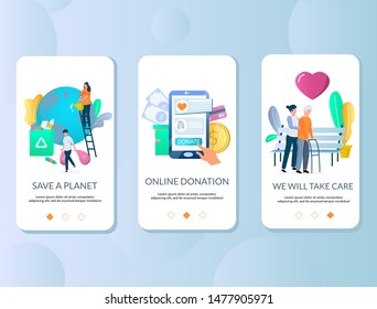 Volunteering mobile app onboarding screens. Menu banner vector template for website and application development. Save planet Earth, online donation and care for disabled people.