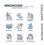 Volunteering - modern vector line design icons set. Animal help, aid, food sharing, humanitarian assistance, donorship, donation, center, garbage disposal, people, heart, recycle.