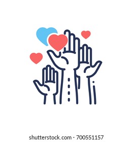 Volunteering - modern vector single line design icon. An image of hands up, different size hearts, blue and color, white background. Charity, volunteering, help, care presentation.