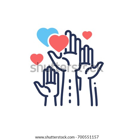 Volunteering - modern vector single line design icon. An image of hands up, different size hearts, blue and color, white background. Charity, volunteering, help, care presentation.