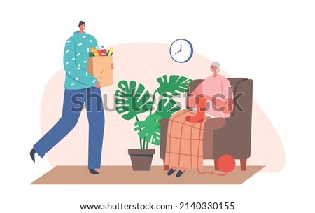 Volunteering, Old People Help, Support and Caring Concept. Delivery Man, Volunteer or Courier Male Character with Box in Hands Delivering Food to Senior Woman. Cartoon People Vector Illustration
