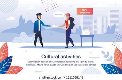Volunteering on Cultural Activities Trendy Flat Vector Banner, Poster Template. Female Volunteer, Museum Worker Promoting New Exhibition with Flyers, Giving Leaflets to Man or Tourist Illustration