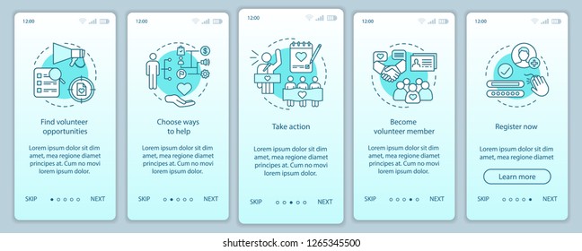 Volunteering onboarding mobile app page screen vector template. Humanitarian help. Volunteer program walkthrough website steps with linear illustrations. UX, UI, GUI smartphone interface concept