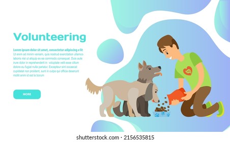 Volunteering online, help homeless animals, assistance. Charity donation website landing page tamplate. Man giving food, feeding stray dogs, houseless pets. Support for puppies in kennel concept