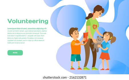 Volunteering Online, Help People With Disabilities, Assistance To Orphans, Caring To Kid. Charity Donation Website Landing Page Tamplate. Woman Giving Toys To Children. Support For Kids In Orphanage