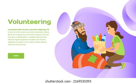 Volunteering Online, Help People With Disabilities, Assistance. Charity Donation Website Landing Page Tamplate. Woman Giving Food To Poor Homeless Man. Support For Needy, Houseless, Hobo Concept