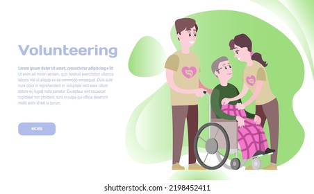 Volunteering Online, Help People With Disabilities, Assistance To Orphans, Caring To People. Charity Donation Website Landing Page Tamplate. Young People Help An Man In Wheelchair