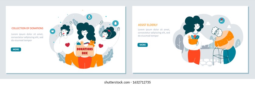 Volunteering organizations flat vector landing page templates set