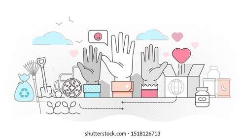 Volunteering outline concept vector illustration. Help charity and sharing hope. Care, love and good heart community support poor, homeless, disabled and elder persons. Crowd holding hands up.