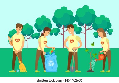 Volunteering people vector, man and woman with bag taking garbage, person sweeping dust, and growing tree watering plan in park, forest greenery flat style