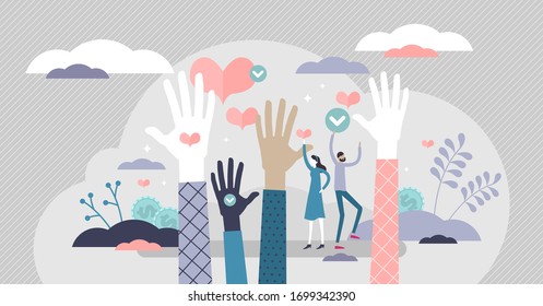 Volunteering Ready Vector Illustration. Raised Hands Flat Tiny Person Concept. Human Assistance Service With Desire To Help, Care, Be Helpful, Support Or Donate. Symbolic Community Power Visualization