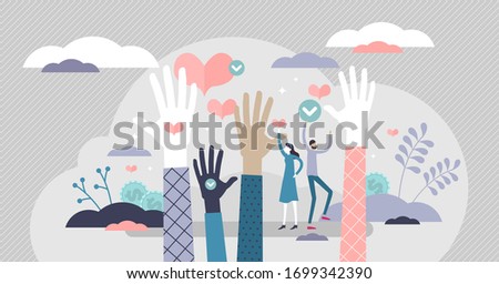 Volunteering ready vector illustration. Raised hands flat tiny person concept. Human assistance service with desire to help, care, be helpful, support or donate. Symbolic community power visualization