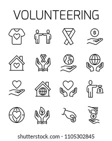 Volunteering related vector icon set. Well-crafted sign in thin line style with editable stroke. Vector symbols isolated on a white background. Simple pictograms.