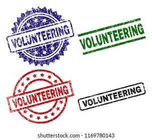 VOLUNTEERING seal prints with damaged surface. Black, green,red,blue vector rubber prints of VOLUNTEERING title with retro surface. Rubber seals with circle, rectangle, medal shapes.