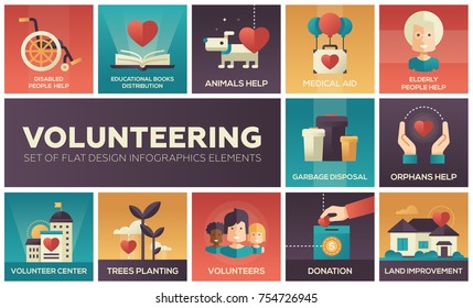 Volunteering - set of flat design infographics elements. Disabled and elderly people help, educational books distribution, animals, medical aid, garbage disposal, orphans, trees planting, donation