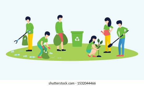 Volunteering, social concept. Volunteer team of people cleaning garbage and plant a trees on lawn of city park, vector flat illustration. Ecological lifestyle.