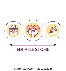 Volunteering and supervision loop concept icon. Charity organization abstract idea thin line illustration. Humanitarian funding. Isolated outline drawing. Editable stroke. Arial font used