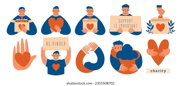 Volunteering, supporting, humanism, charity conception.Set of cute minimal clip arts with volunteers, activists, box for donation, placard, banner, persons, hands, hearts.Modern cartoon illustrations.