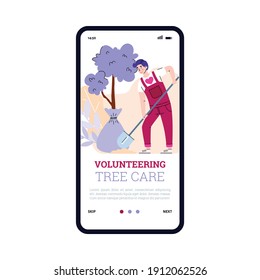 Volunteering tree and environment care concept of onboarding screen, flat cartoon vector illustration. Mobile page design with volunteer planting tree.