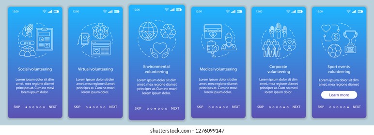 Volunteering types onboarding mobile app page screen vector template. Volunteer opportunities walkthrough website steps with linear illustrations. UX, UI, GUI smartphone interface concept