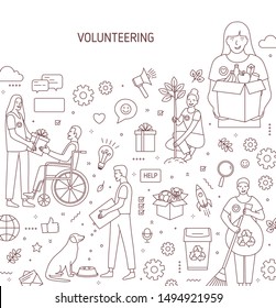 Volunteering vector banner design. Humanitarian help concept outline illustrations. Altruism, donation and charity poster. Volunteer helping disabled person, planting tree design elements line art.