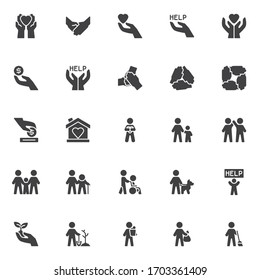 Volunteering vector icons set, modern solid symbol collection, Volunteer Assistant filled style pictogram pack. Signs, logo illustration. Set includes icons disabled caregiver, charity, money donation