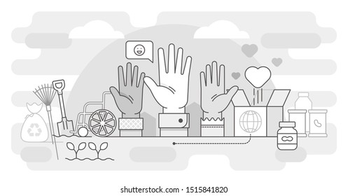 Volunteering vector illustration. BW help and sharing hope outlined concept. Care, love and good heart community support poor, homeless and elder persons. Crowd hands ask for free humanitarian food.