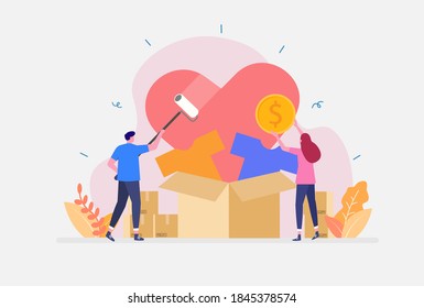 Volunteering Vector Illustration. Showing Stylized and Abstract Team Help Charity and Sharing Hope. Suitable for landing page, UI, web, App intro card, editorial, flyer,and banner