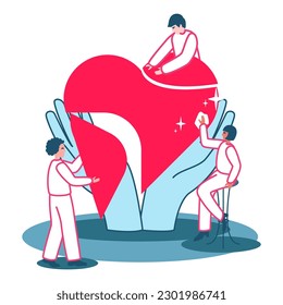 Volunteering vector illustration. Stylized and abstract team help charity and sharing hope. Care, love and good heart community support poor, homeless and elder persons