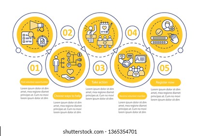 Volunteering vector infographic template. Humanitarian help. Volunteer program. Business presentation design. Data visualization with five steps and options. Process timeline chart. Workflow layout