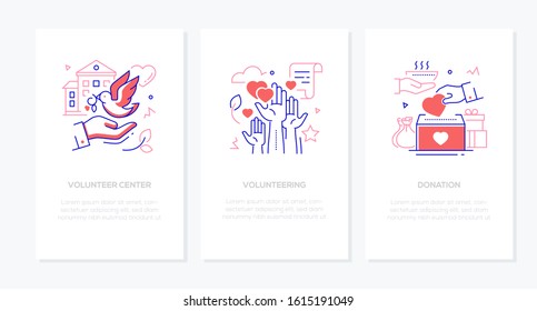 Volunteering - vector line design style banners set with place for text. Volunteer center, helping hand, donation box linear illustrations with icons. Food provision for homeless people, gifts images