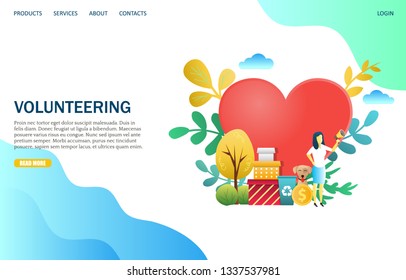Volunteering vector website template, web page and landing page design for website and mobile site development. Volunteer services concept.