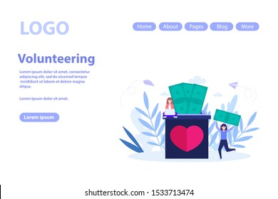 Volunteering and voluntary help concept web page.Flat vector illustration isolated on white background. Can use for web banner, infographics, web page.
