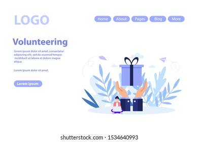 Volunteering and voluntary help concept web page.Flat vector illustration isolated on white background. Can use for web banner, infographics, web page.

