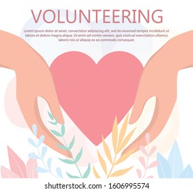 Volunteering web banner concept. Team of volunteers help people, charity and donation project. Hearts as a methaphor of philanthropy. Vector illustration in cartoon style