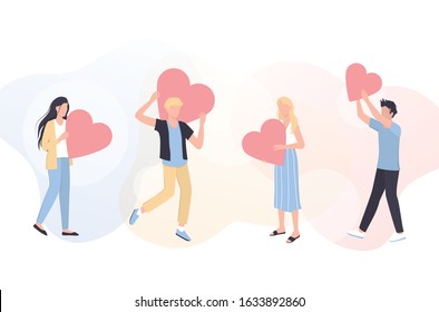 Volunteering web banner or header concept. Team of volunteers help people, charity and donation project. Hearts as a methaphor of philanthropy. Vector illustration in cartoon style