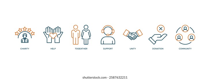 Volunteering web banner icon vector illustration concept consists of charity, help, together, support, unity, donation, and community icon