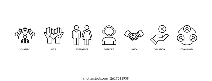 Volunteering web banner icon vector illustration concept consists of charity, help, together, support, unity, donation, and community icon
