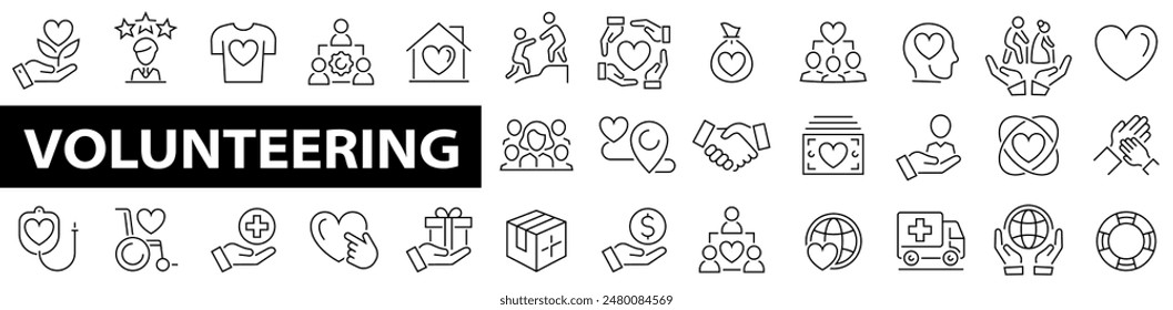 Volunteering web icon set. Assistant, donate, donor, doctor, care, help, support, together, charity, community and more. Vector illustration