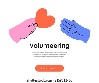 Volunteering website landing page. Abstract, line art of hands, holding heart. Kindness and help concept.