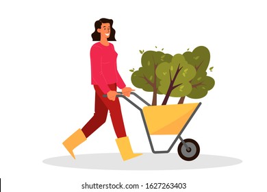 Volunteering woman holding a cart with tree. Charity community plant a tree. Idea of care and humanity, nature and ecology concept. Vector illustration in cartoon style