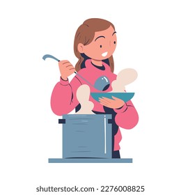 Volunteering with Woman Volunteer Serving Hot Soup with Ladle and Bowl Giving Homeless People Warm Food Vector Illustration