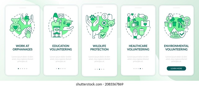 Volunteering work green onboarding mobile app page screen. Social aid walkthrough 4 steps graphic instructions with concepts. UI, UX, GUI vector template with linear color illustrations